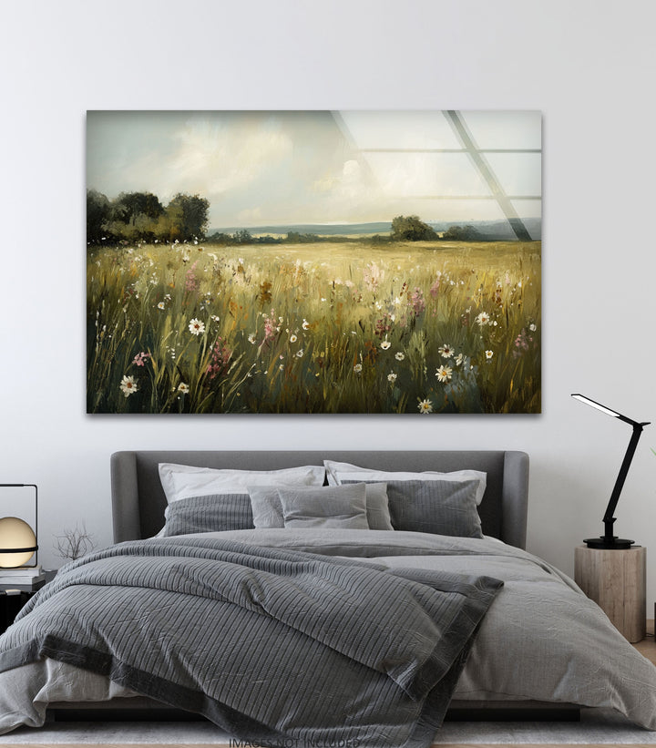 Golden Meadow Breeze – Wildflower Field in Soft Sunshine Glass Wall Art