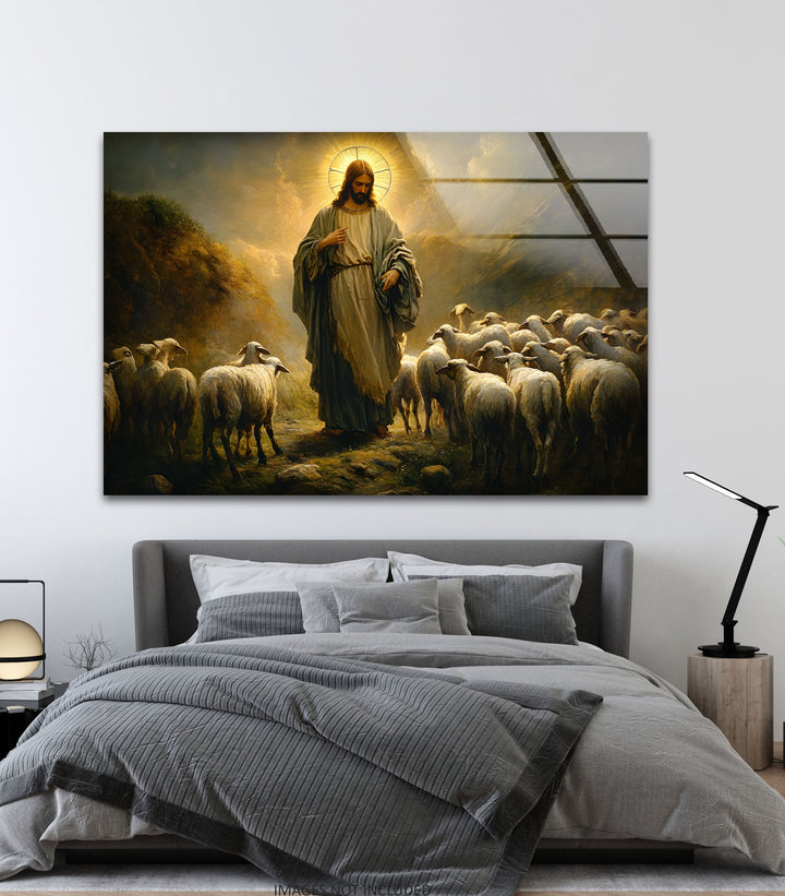 Der gute Hirte – Jesus mit Schafen – Wandbild aus Glas
