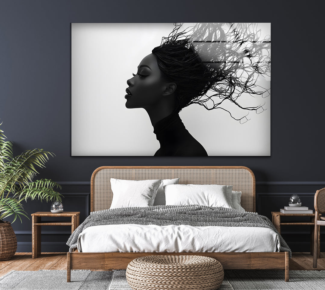 Abstract Profile Portrait – Black & White Woman with Flowing Hair Wall Art