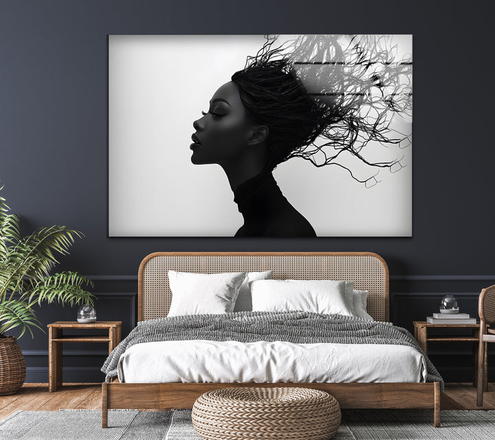 Abstract Profile Portrait – Black & White Woman with Flowing Hair Wall Art