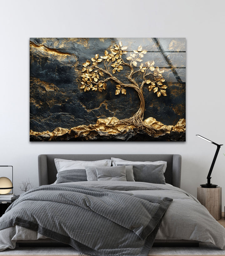 Golden Roots Tree – Strukturierte Luxus-Wandkunst aus Glas