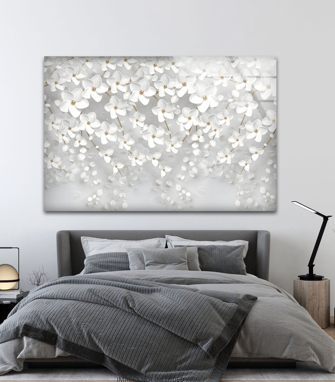 White Blossom Serenity – Elegant Floral Glass Wall Art