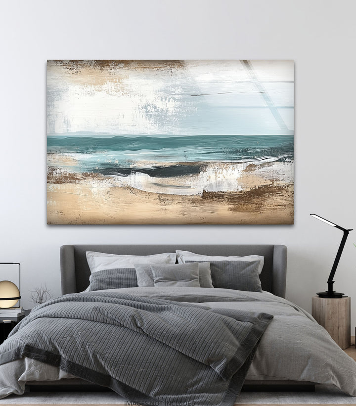 Tranquil Shoreline – Textured Coastal Horizon Glass Wall Art