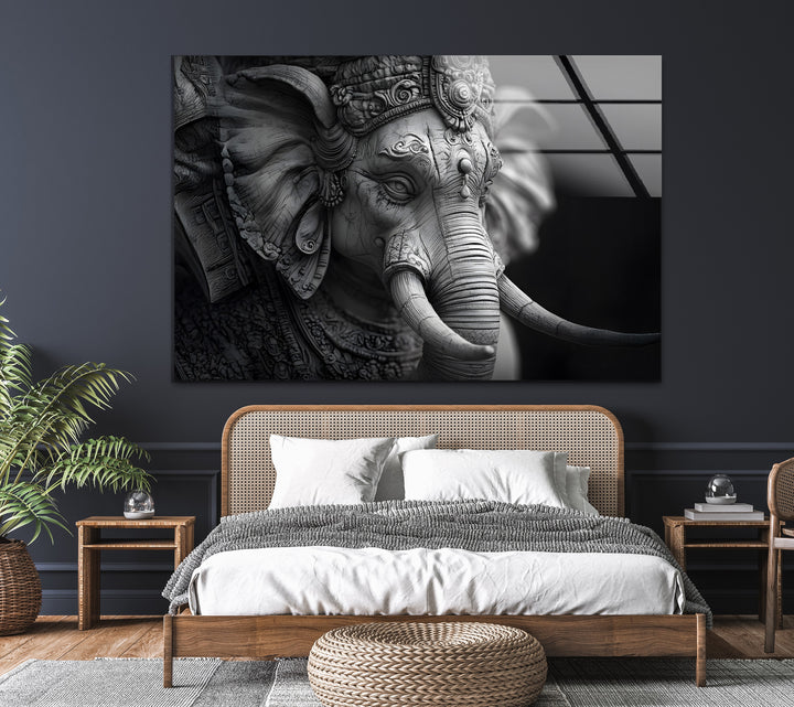 High-definition glass wall art showcasing Lord Ganesha in exquisite detail, perfect for spiritual spaces.
