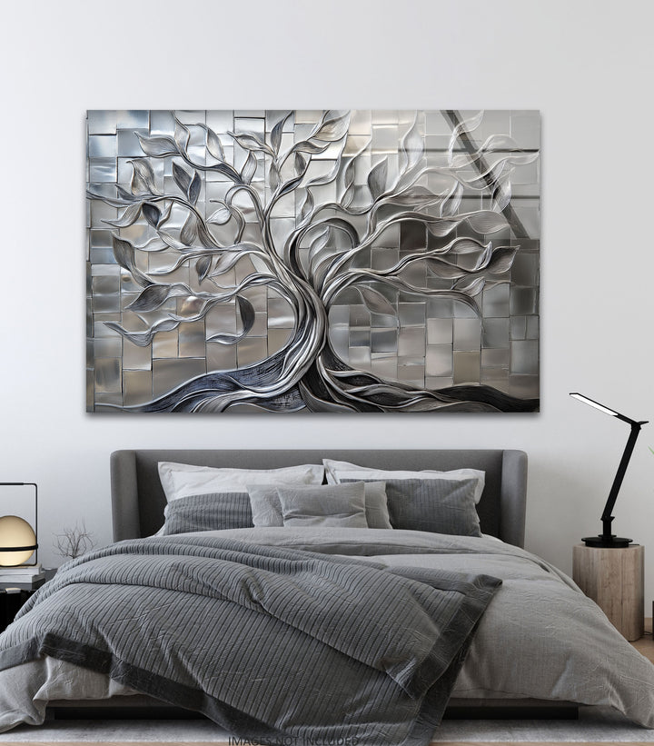 Radiant Silver Tree – Geometric Tile Design Glass Wall Art