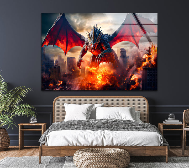 Epic dragon unleashing fiery destruction, as the city crumbles under its power.
