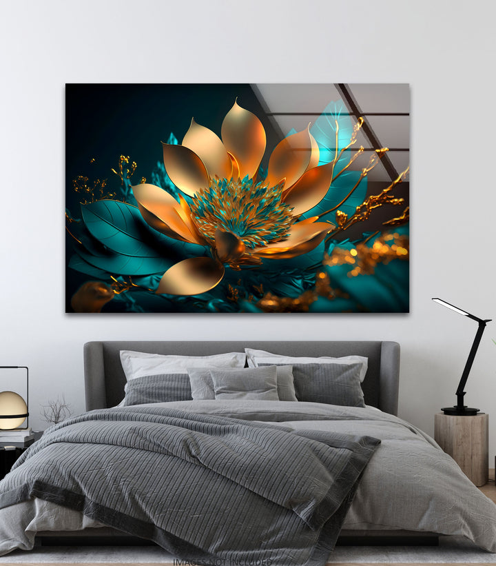 Golden Bloom Radiance – Modern Glass Wall Art