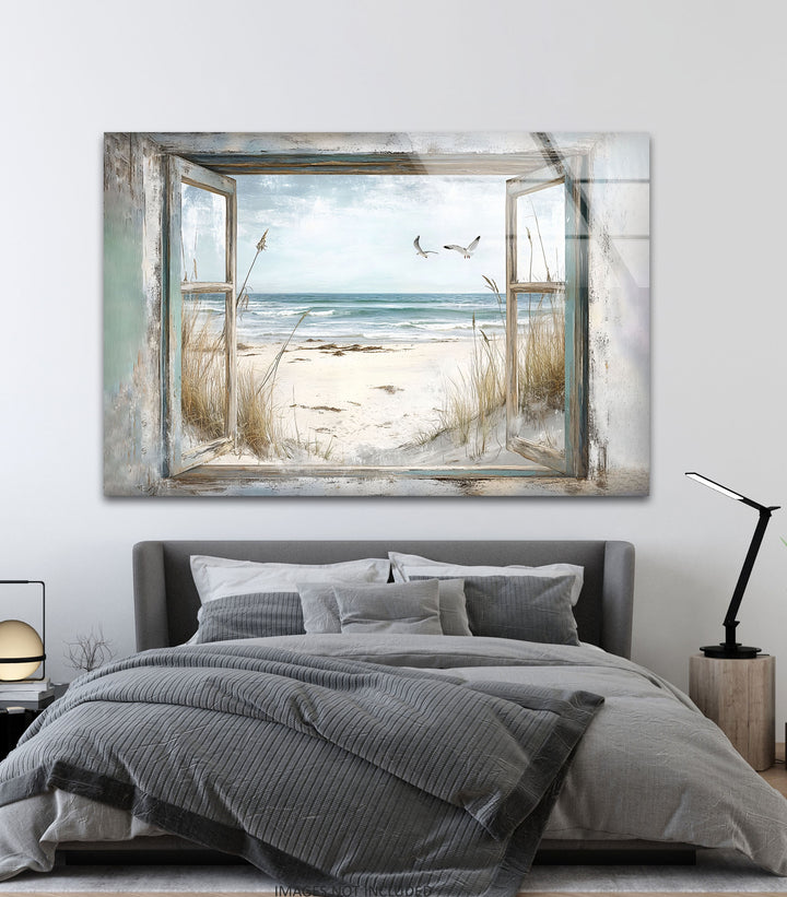 Seaside Freedom – Vintage Window View Glass Wall Art