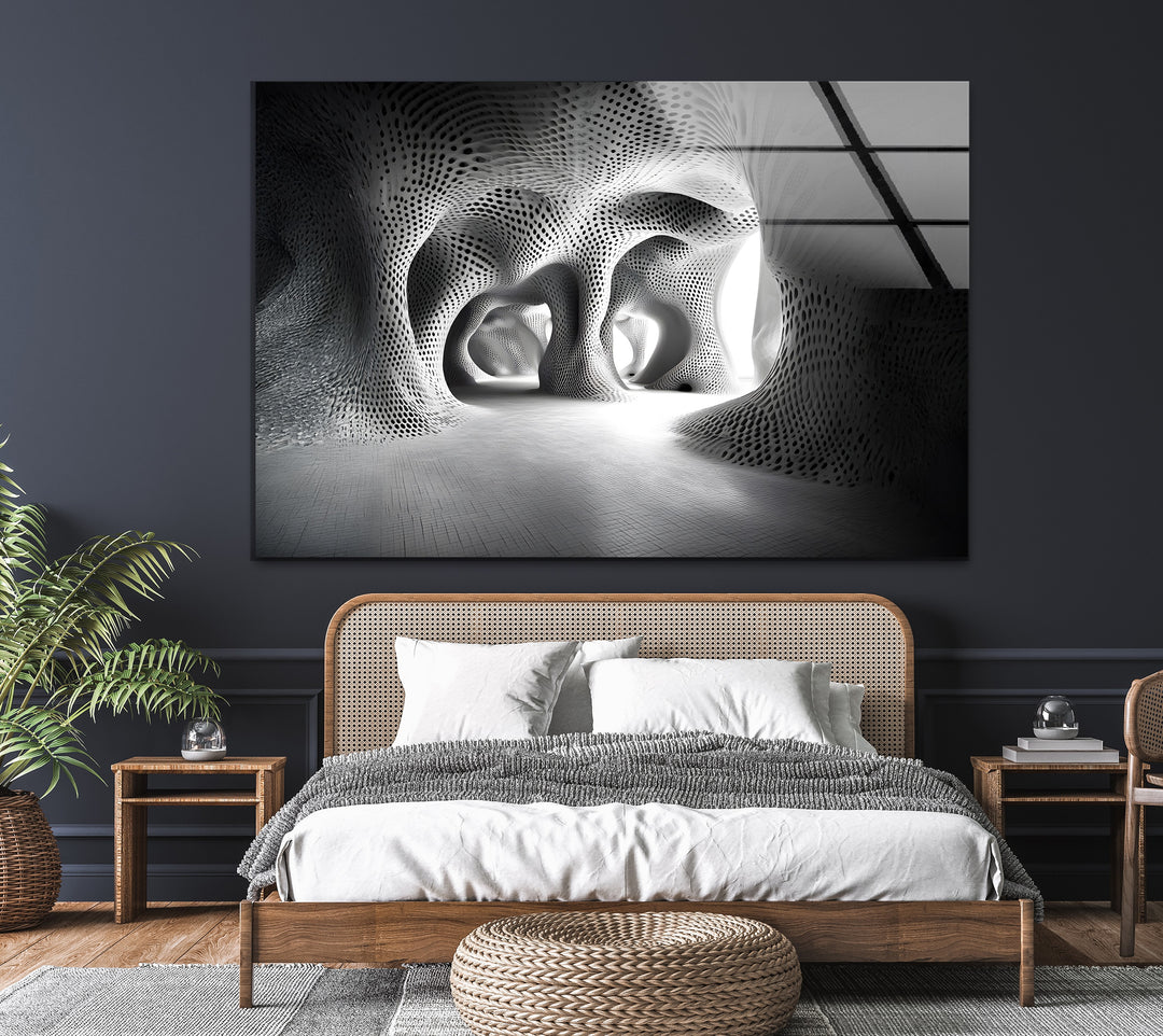 Striking black and white abstract art on glass, highlighting bold architectural curves and contemporary design.
