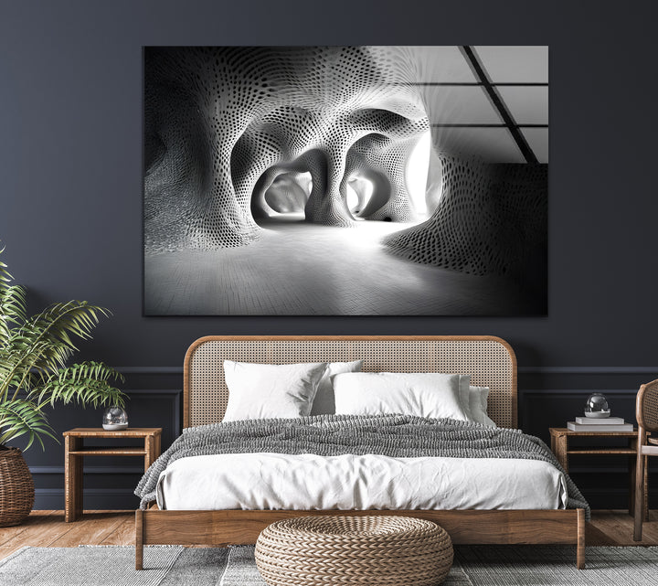 Striking black and white abstract art on glass, highlighting bold architectural curves and contemporary design.
