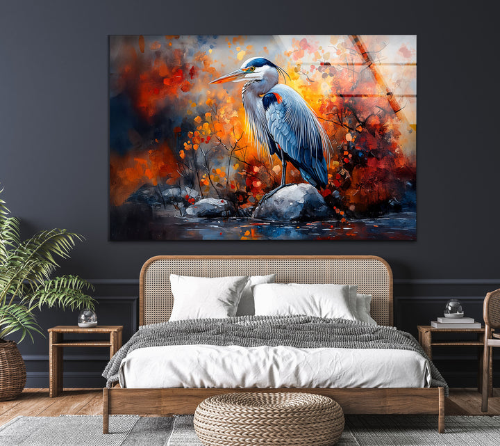 Herbstmajestät – Reiher im feurigen Laub Glaswandkunst