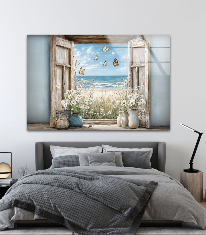 Butterfly Breeze – Window Flower & Ocean View Glass Wall Art