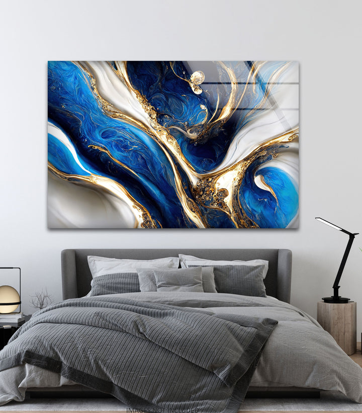 Celestial Currents – Blue and Gold Abstract Glass Wall Art