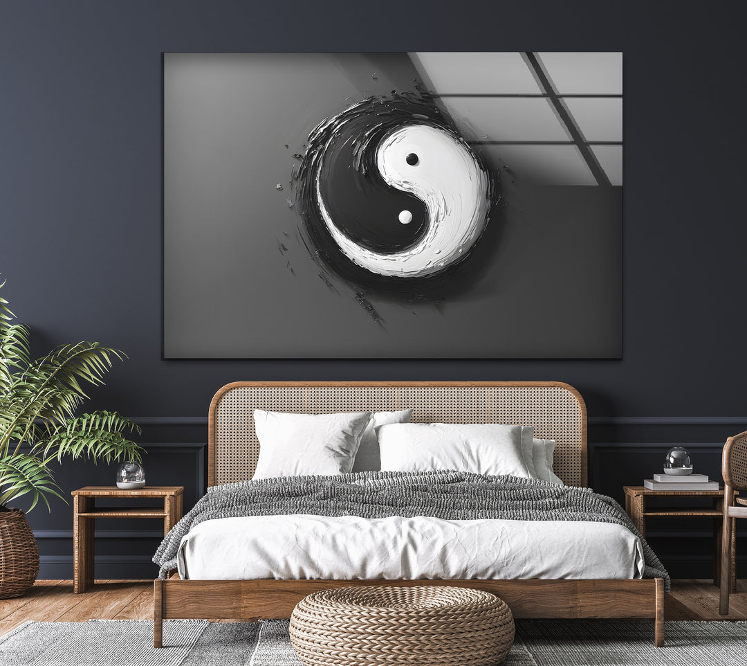 Timeless black and white glass wall art featuring a dynamic yin-yang brushstroke design.