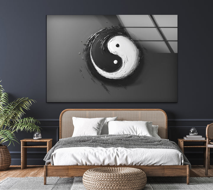 Timeless black and white glass wall art featuring a dynamic yin-yang brushstroke design.