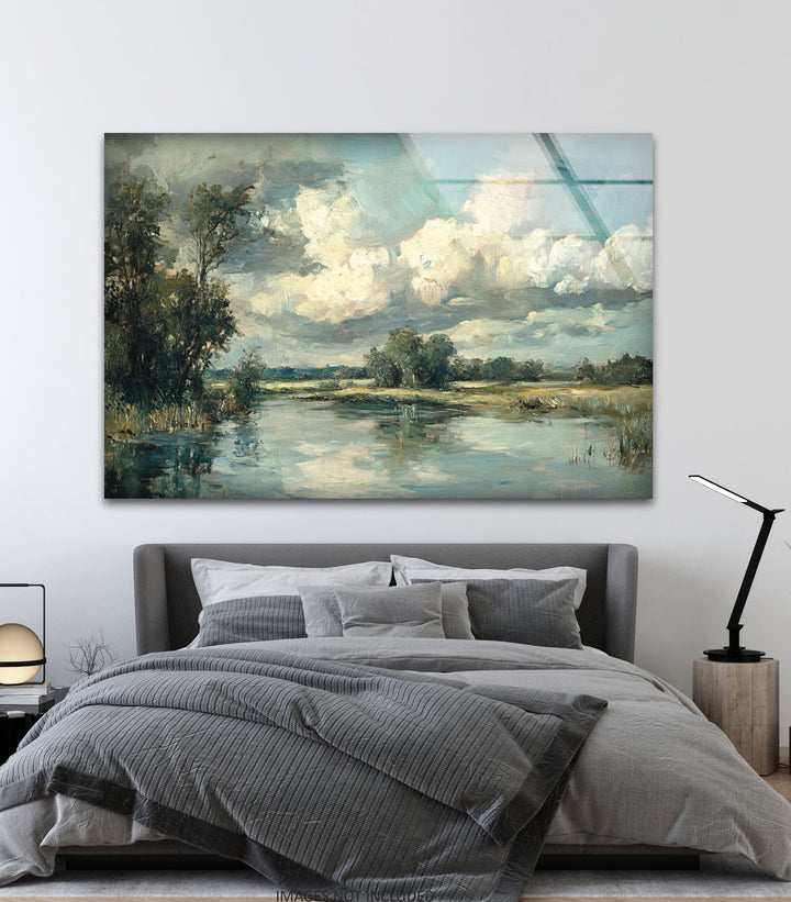 Tranquil Reflections – Serene Countryside River Glass Wall Art