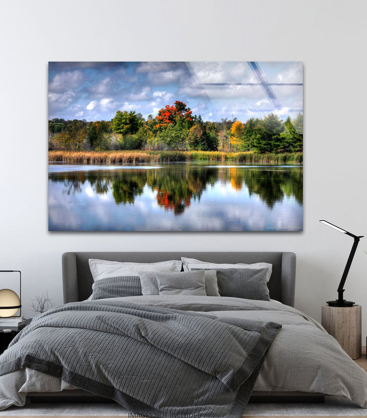 Autumn Reflections – Scenic Forest Lake Glass Wall Art