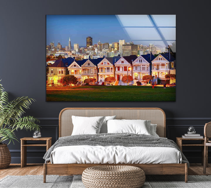 San Francisco Glaswandkunst – Painted Ladies &amp; Skyline der Stadt