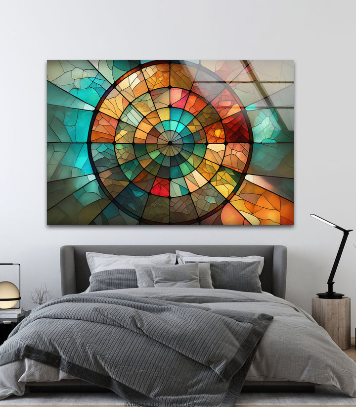 Rustikale Mosaik-Wandkunst aus Buntglas – Erdiges rundes Fensterdesign