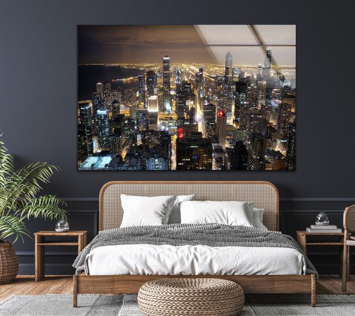 Chicago Stadtbild Glaswandkunst – Nacht Skyline Modernes Dekor