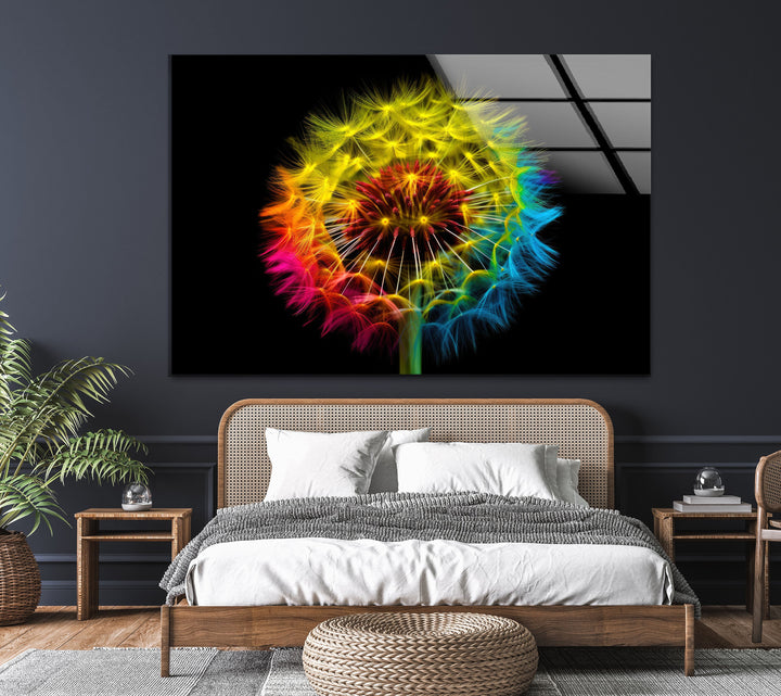 Colorful Dandelion Glass Wall Art, glass image printing, glass prints from photos