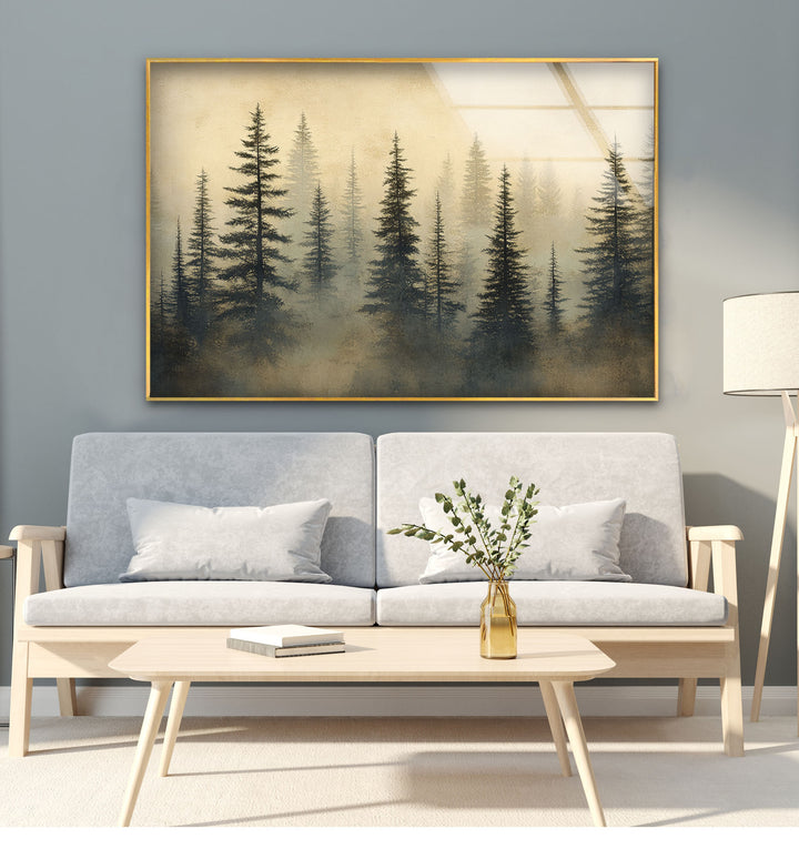 Whispers in the Pines – Misty Forest Scene Glass Wall Art