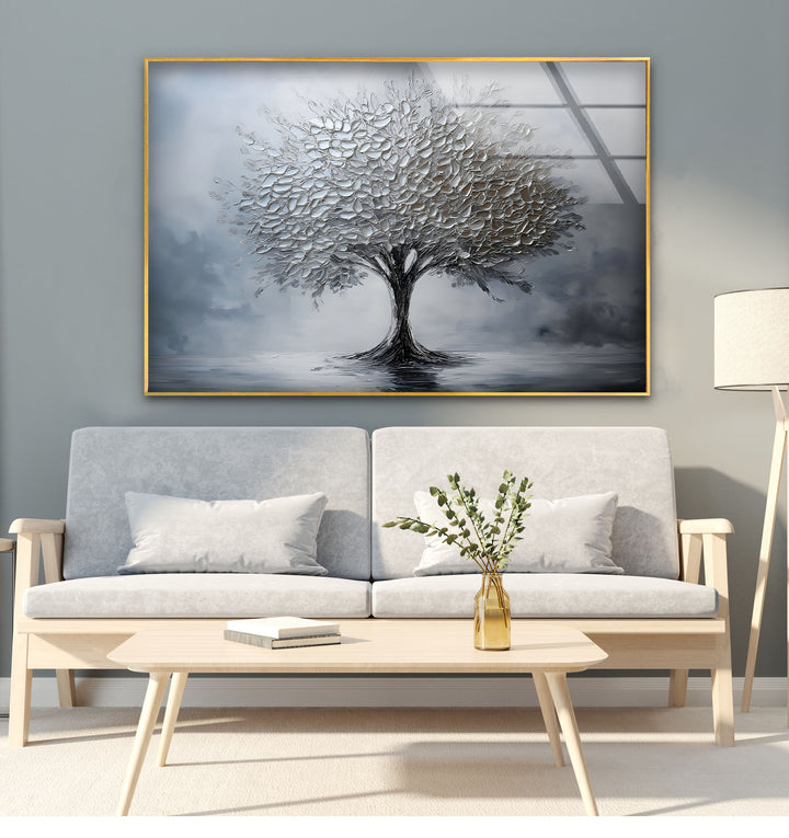 Silver Serenity – Moderne strukturierte Baumglas-Wandkunst