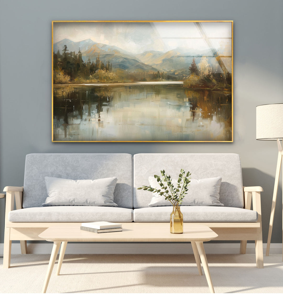 Tranquil Mountain Reflection – Misty Lake Scene Glass Wall Art
