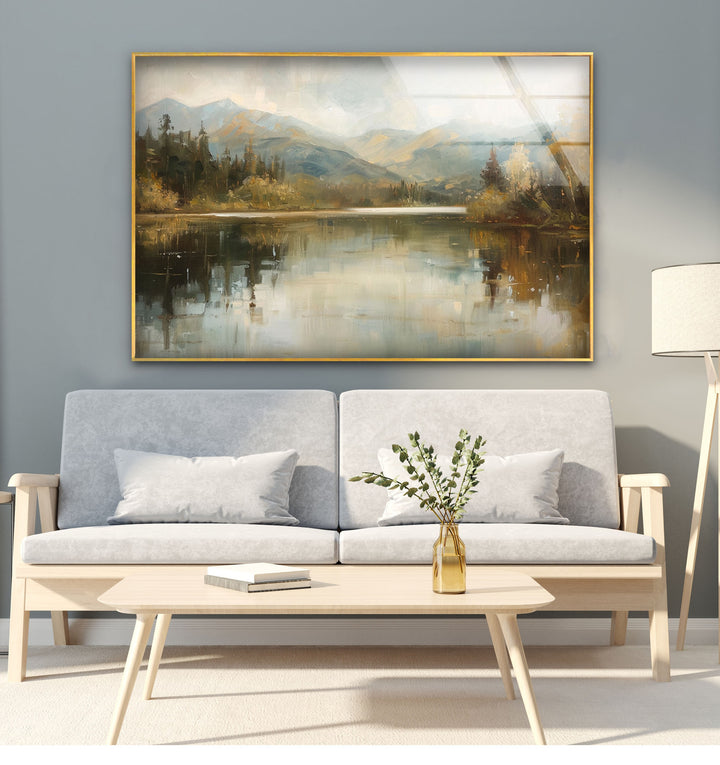 Tranquil Mountain Reflection – Misty Lake Scene Glass Wall Art