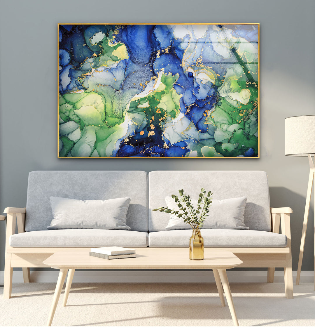 Emerald Ocean Currents – Blue & Green Abstract Glass Wall Art