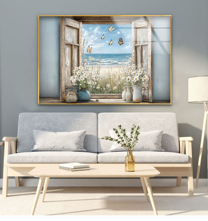 Butterfly Breeze – Window Flower & Ocean View Glass Wall Art