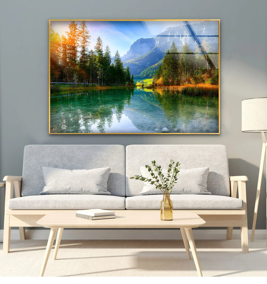 Showcasing the realistic detail, this tranquil reflections alpine lake and mountain view hanging wall art captures the serene landscape with crystal-clear reflections.