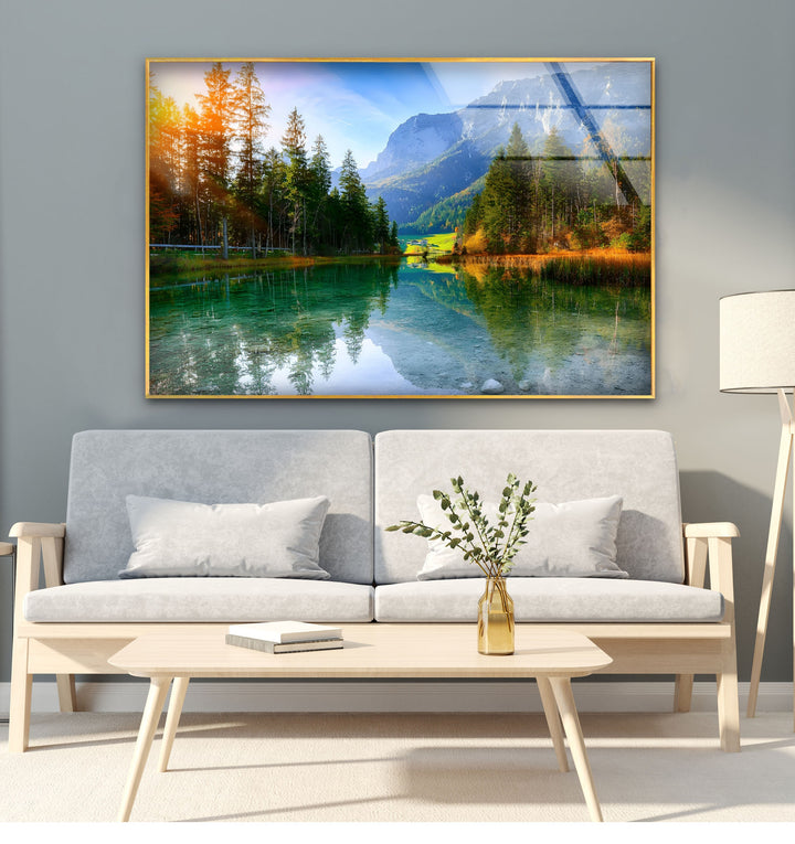 Tranquil Reflections – Alpine Lake and Mountain View Glass Wall Art