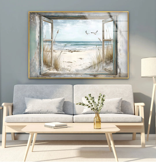 Focal point in this seaside freedom vintage window view glass wall art creates a charming home decoration with a calming ocean scene and flying seagulls.