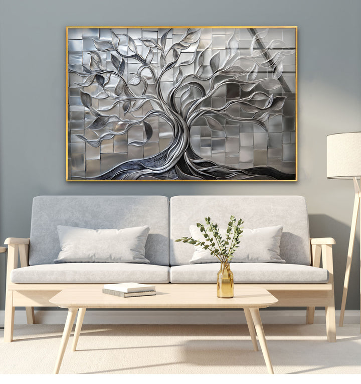 Radiant Silver Tree – Geometric Tile Design Glass Wall Art