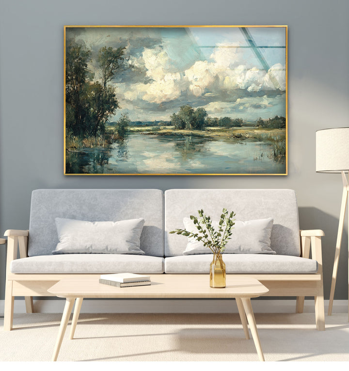 Tranquil Reflections – Serene Countryside River Glass Wall Art