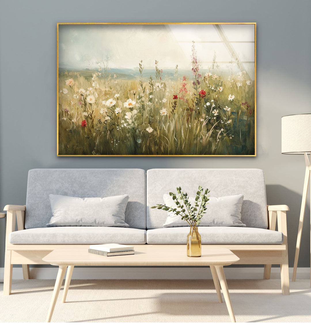 Wildflower Bloom – Tranquil Meadow Scene Glass Wall Art