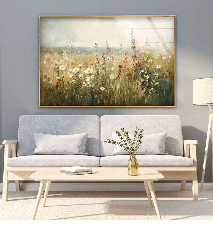 Wildflower Bloom – Tranquil Meadow Scene Glass Wall Art