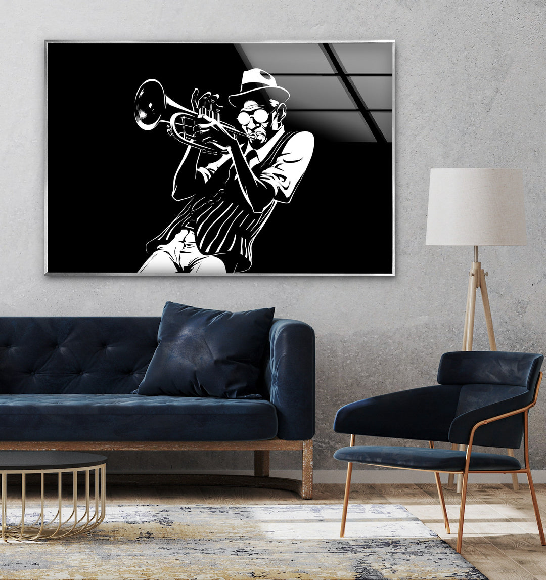 Jazzmusiker spielt Trompete – Schwarz-Weiß-Jazz-Kunstdruck
