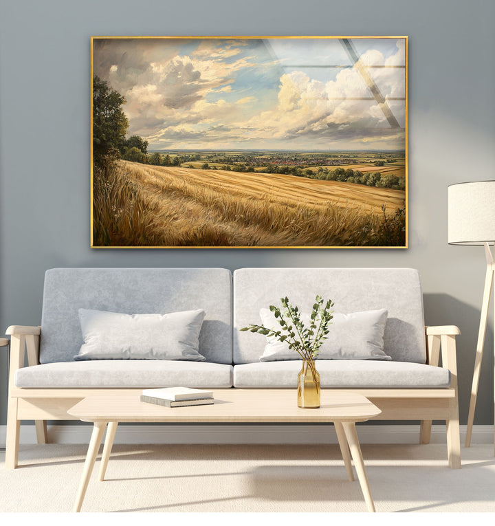 Golden Fields Horizon – Panoramic Wheat Landscape Glass Wall Art