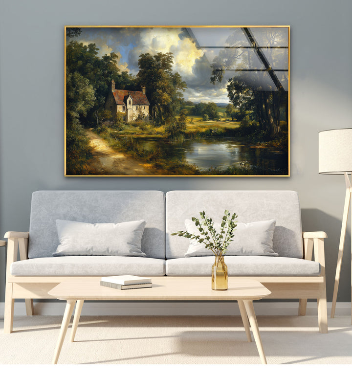 Cottage by the Pond – Vintage Countryside Landscape Glass Wall Art