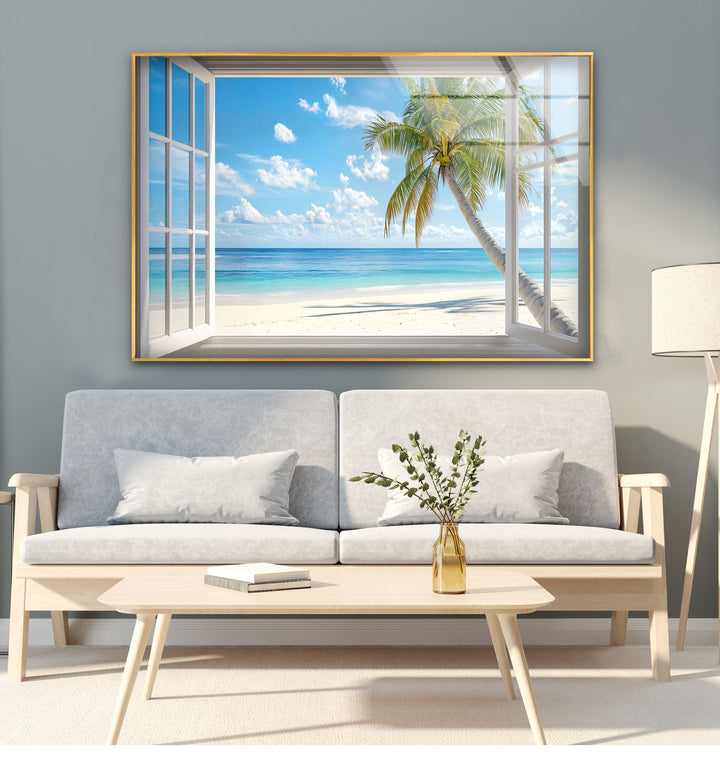 Tropical Escape – Palm Tree Ocean View Glass Wall Art