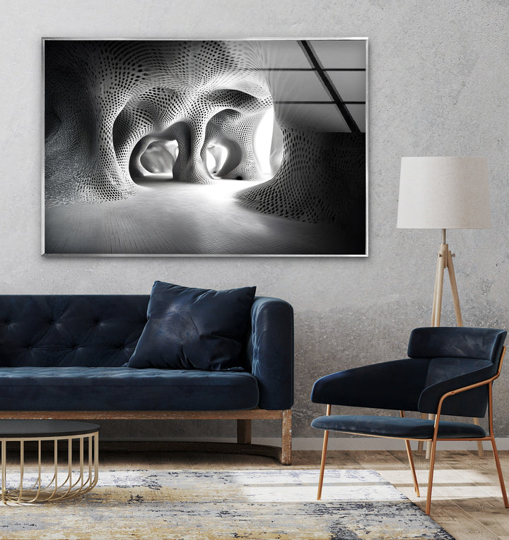 Modern architectural glass wall art showcasing abstract black and white patterns with a futuristic tunnel-like design.

