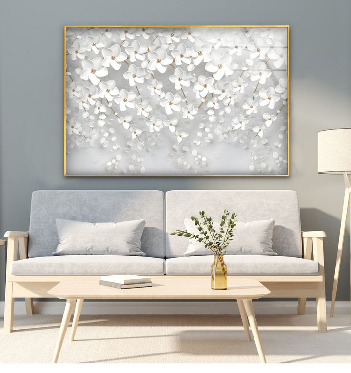 White Blossom Serenity – Elegant Floral Glass Wall Art