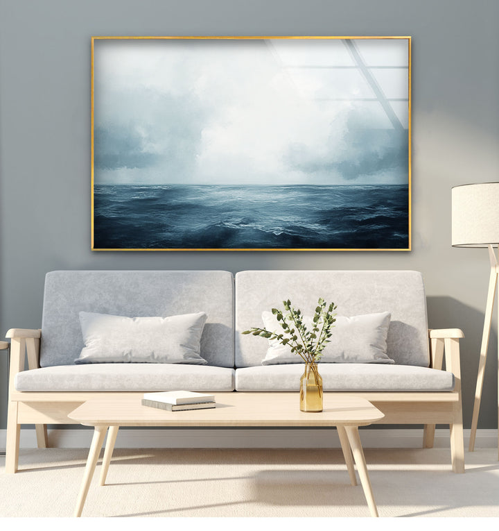 Endless Blue Horizon – Minimalist Ocean and Sky Glass Wall Art