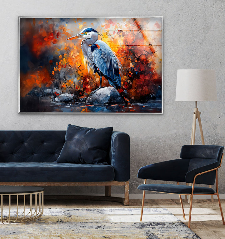 Herbstmajestät – Reiher im feurigen Laub Glaswandkunst