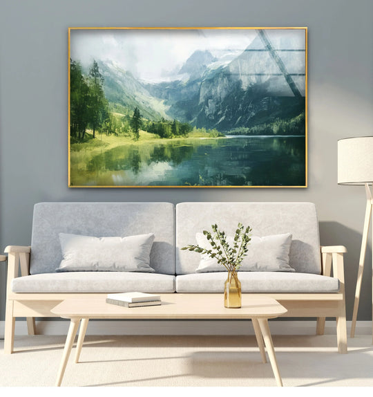 Highlighted by its glossy surface, this alpine serenity landscape glass wall art delivers unique modern wall decor that reflects light and amplifies the calming scenery.
