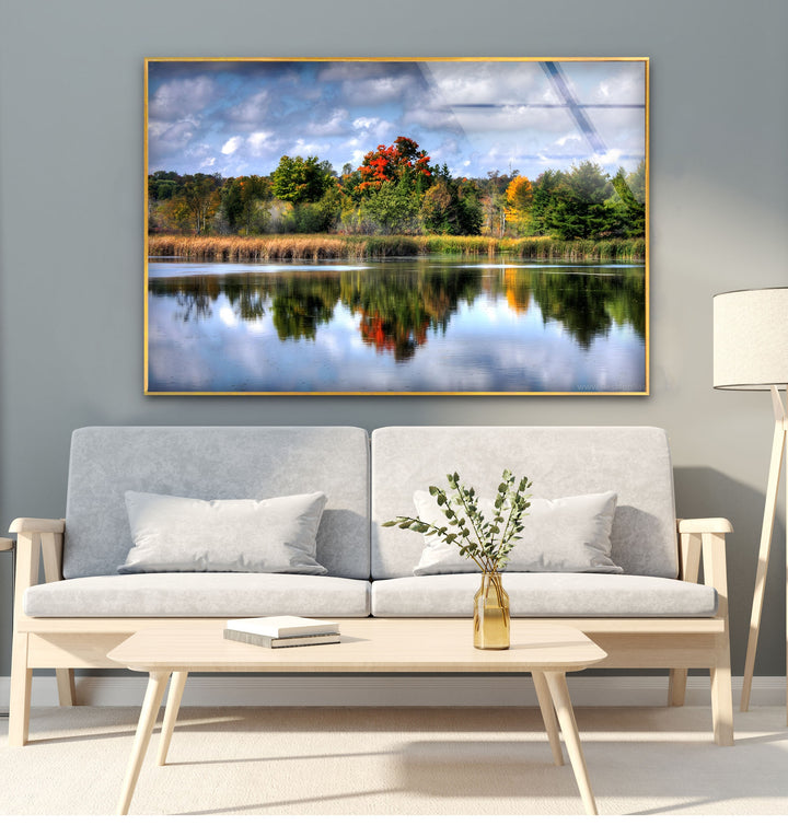 Autumn Reflections – Scenic Forest Lake Glass Wall Art