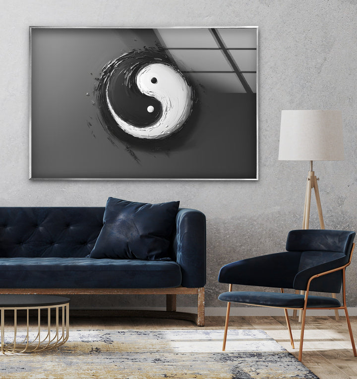 Modern abstract yin-yang artwork on glass wall art, perfect for meditation and zen-inspired spaces.