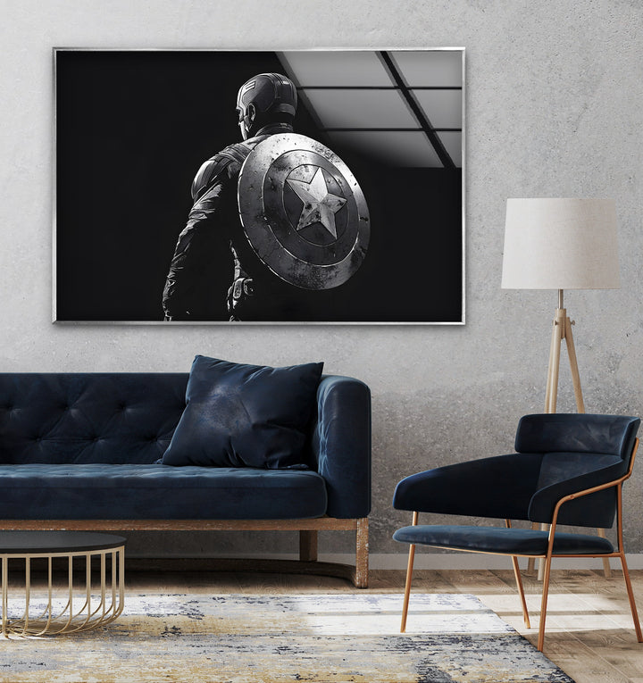 Captain America: Iconic Shield Portrait in Black and White on Glass Wall Art
